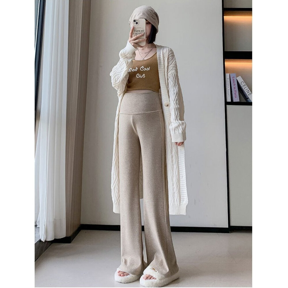 【P4029】 秋冬 保暖 仿羊絨棉 舒柔 微喇叭 高腰 瑜珈 寬褲 托腹褲 孕婦 實拍-圖片-9