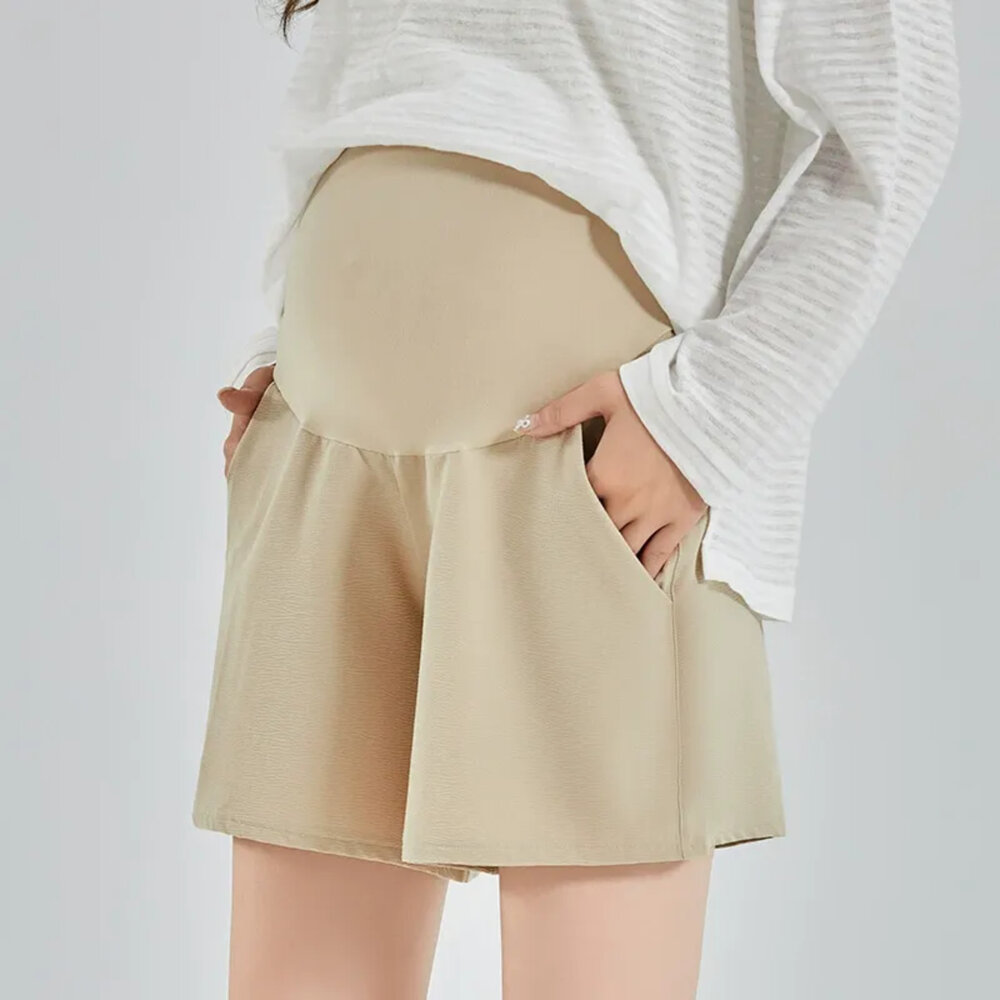 【P4050】 夏日 涼感 絲襪感 瑜珈褲頭孕婦托腹褲 純色 高腰 托腹褲 孕婦短褲 孕婦裝-圖片-2