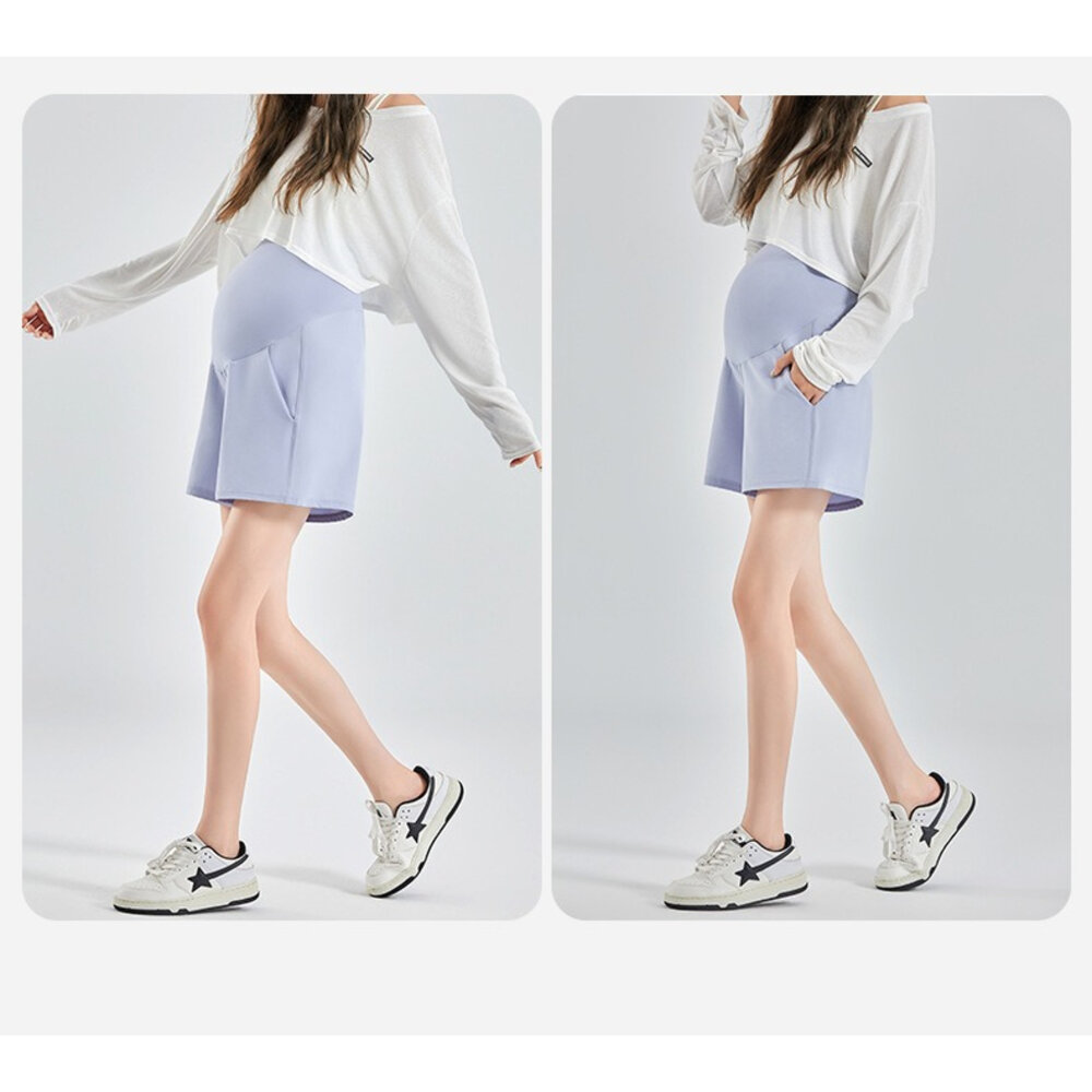 【P4050】 夏日 涼感 絲襪感 瑜珈褲頭孕婦托腹褲 純色 高腰 托腹褲 孕婦短褲 孕婦裝-圖片-5