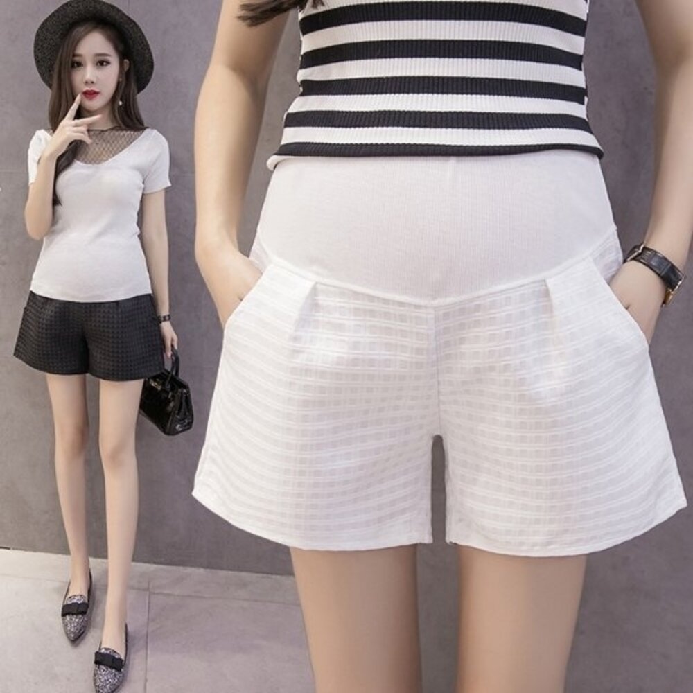 【P4926】 夏日 緹花 格紋 托腹褲 高腰托腹 孕婦裝 孕婦短褲托腹褲 韓系-圖片-1