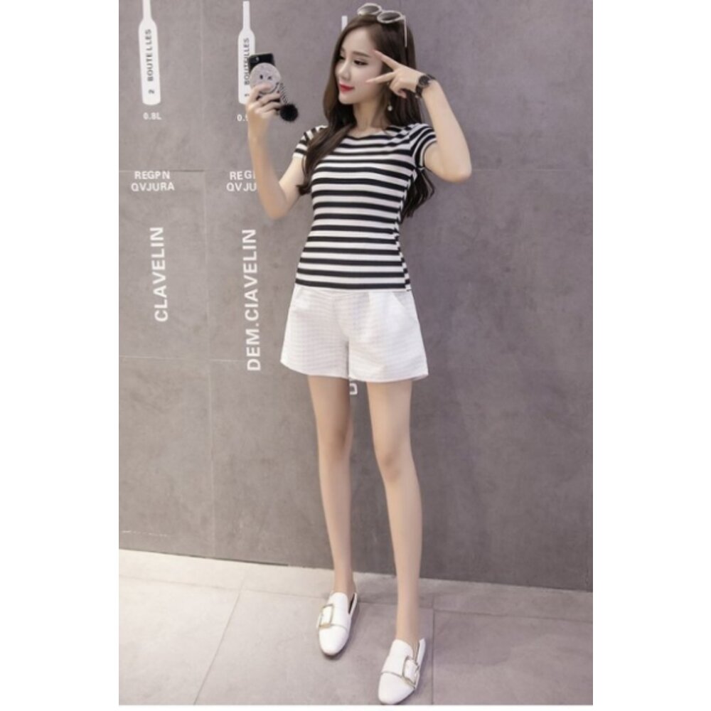 【P4926】 夏日 緹花 格紋 托腹褲 高腰托腹 孕婦裝 孕婦短褲托腹褲 韓系-圖片-2