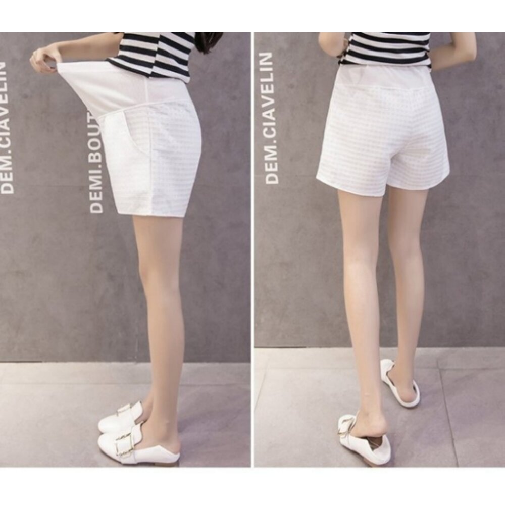 【P4926】 夏日 緹花 格紋 托腹褲 高腰托腹 孕婦裝 孕婦短褲托腹褲 韓系-圖片-3