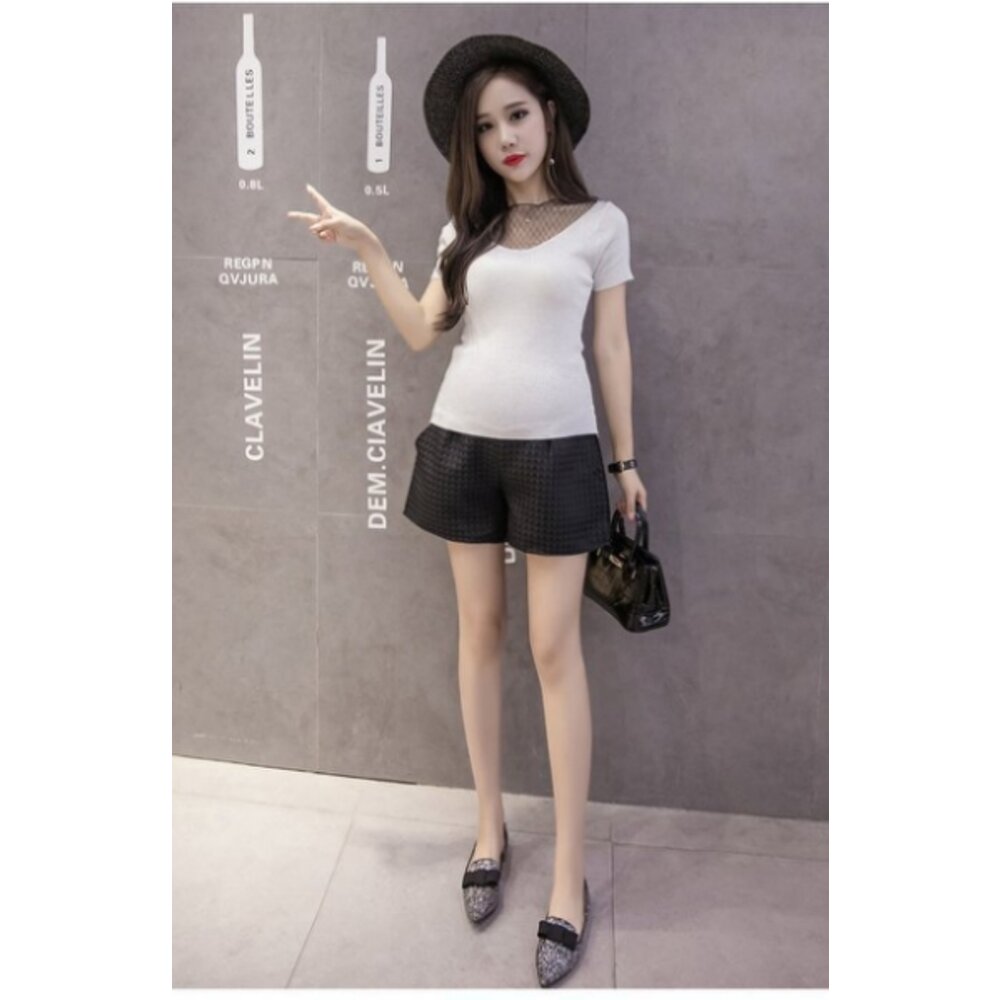 【P4926】 夏日 緹花 格紋 托腹褲 高腰托腹 孕婦裝 孕婦短褲托腹褲 韓系-圖片-4