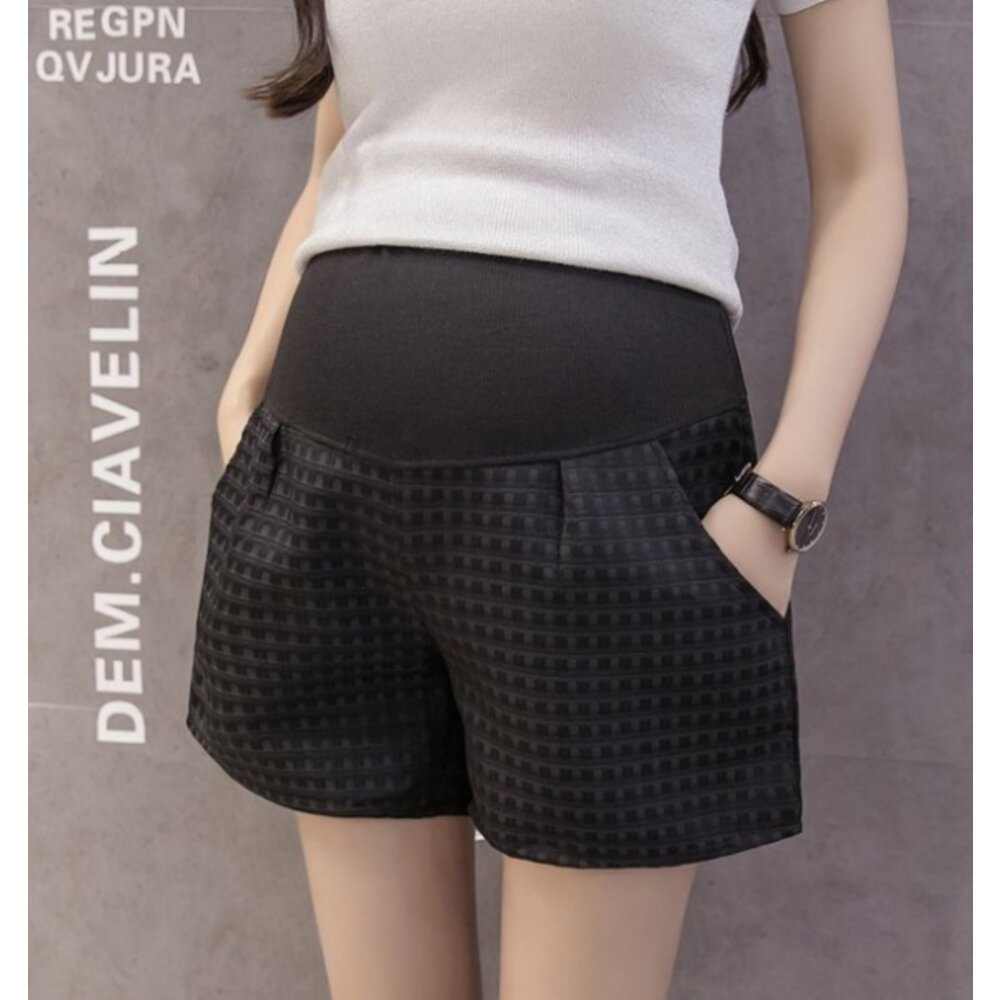 【P4926】夏日緹花格紋托腹褲高腰托腹孕婦裝孕婦短褲托腹褲韓系