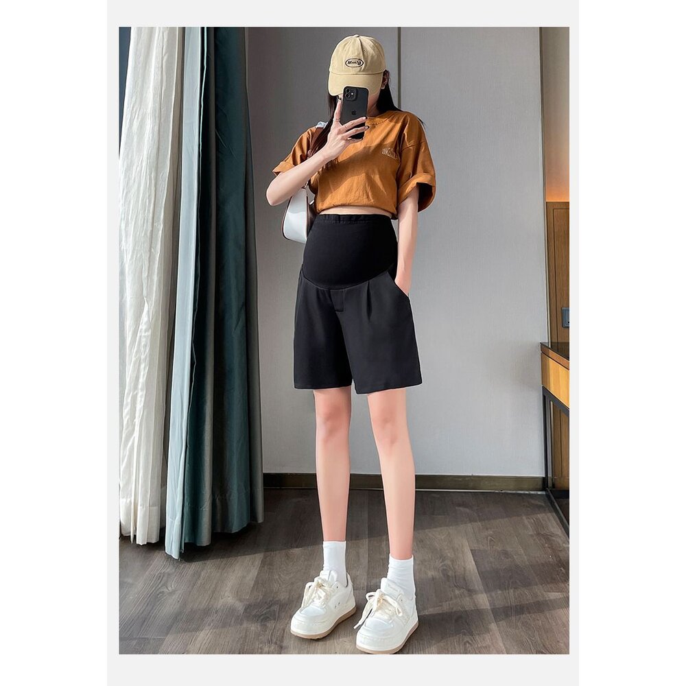 【P5222】 夏日 薄款 高腰 五分 直筒 寬鬆 五分褲 孕婦 西裝 短褲 韓系 實拍 高腰 孕婦短褲-圖片-3