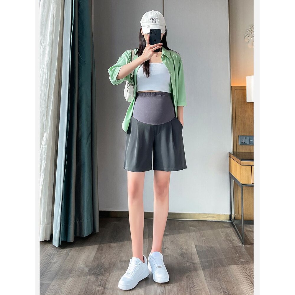 【P5222】 夏日 薄款 高腰 五分 直筒 寬鬆 五分褲 孕婦 西裝 短褲 韓系 實拍 高腰 孕婦短褲-圖片-4