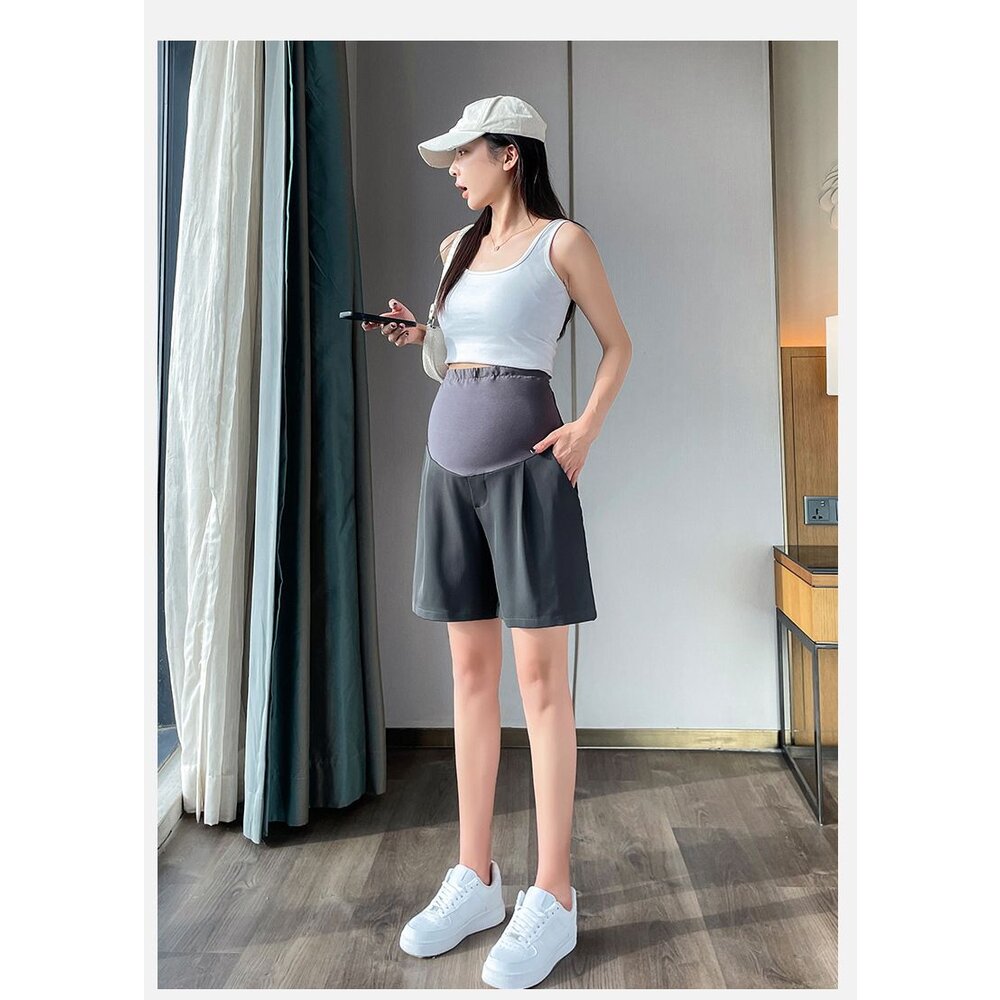 【P5222】 夏日 薄款 高腰 五分 直筒 寬鬆 五分褲 孕婦 西裝 短褲 韓系 實拍 高腰 孕婦短褲-圖片-7