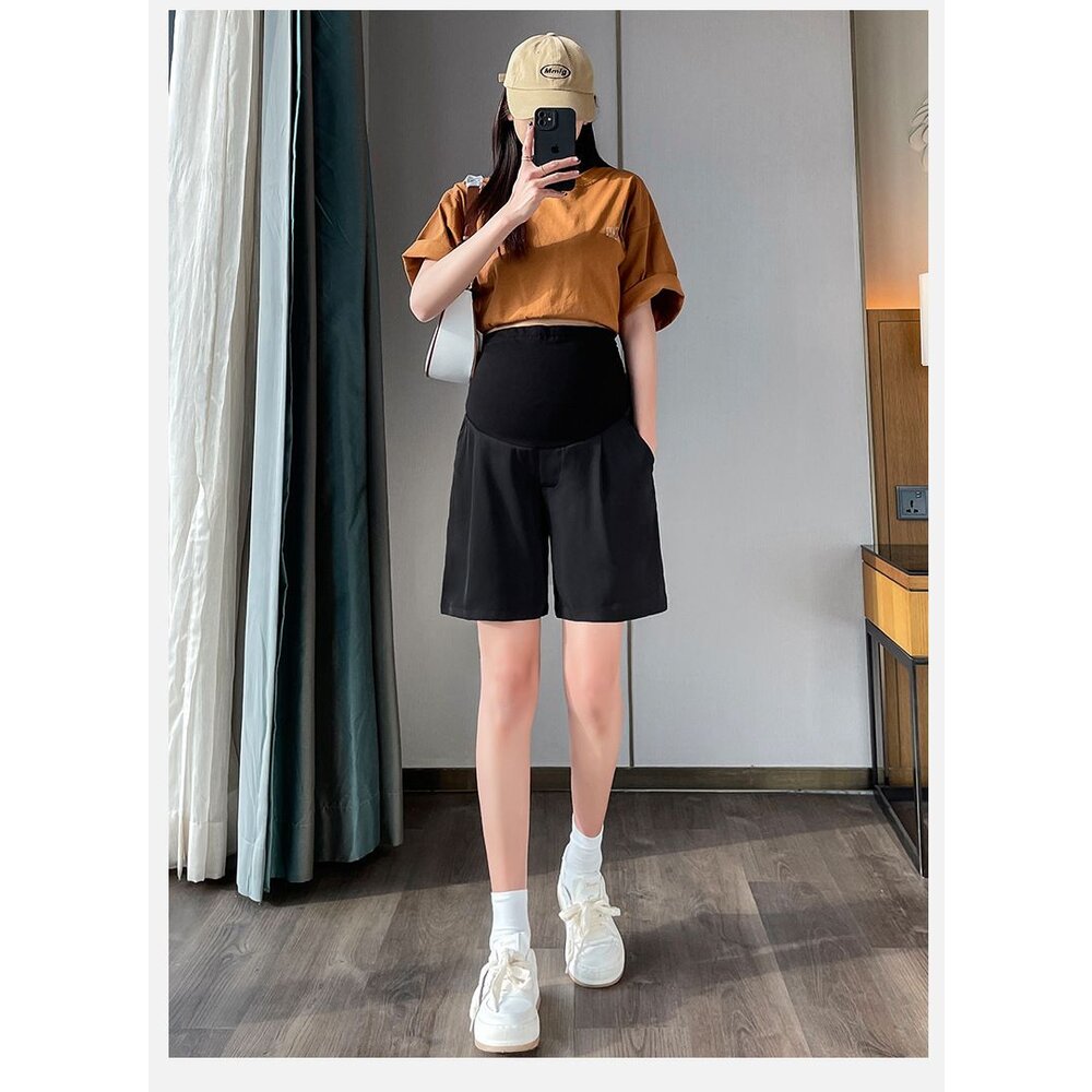 【P5222】 夏日 薄款 高腰 五分 直筒 寬鬆 五分褲 孕婦 西裝 短褲 韓系 實拍 高腰 孕婦短褲-圖片-8