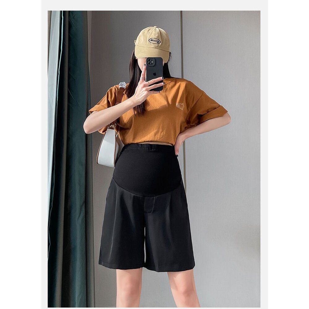 【P5222】 夏日 薄款 高腰 五分 直筒 寬鬆 五分褲 孕婦 西裝 短褲 韓系 實拍 高腰 孕婦短褲-圖片-9
