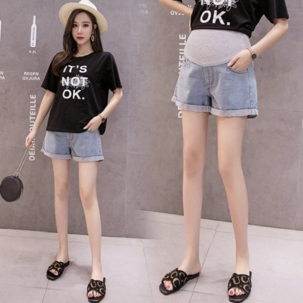 【P5387】 夏日 反摺 顯瘦 牛仔短褲 托腹短褲 孕婦托腹 短褲 韓系 牛仔 托腹 短褲-圖片-9