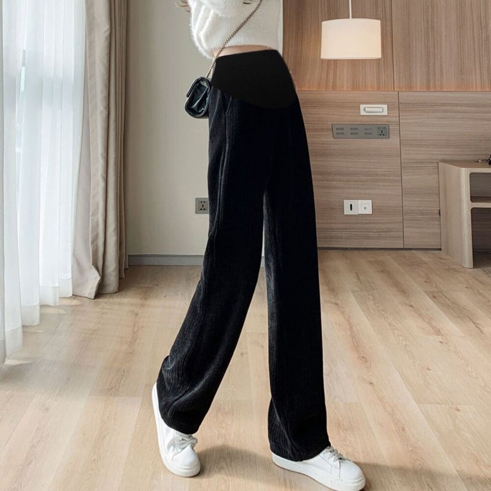 【P6100】 冬日 韓系 坑條 孕婦 寬褲 保暖 仿羊絨 孕婦長褲 孕婦褲 高腰 托腹褲 保暖褲-圖片-1