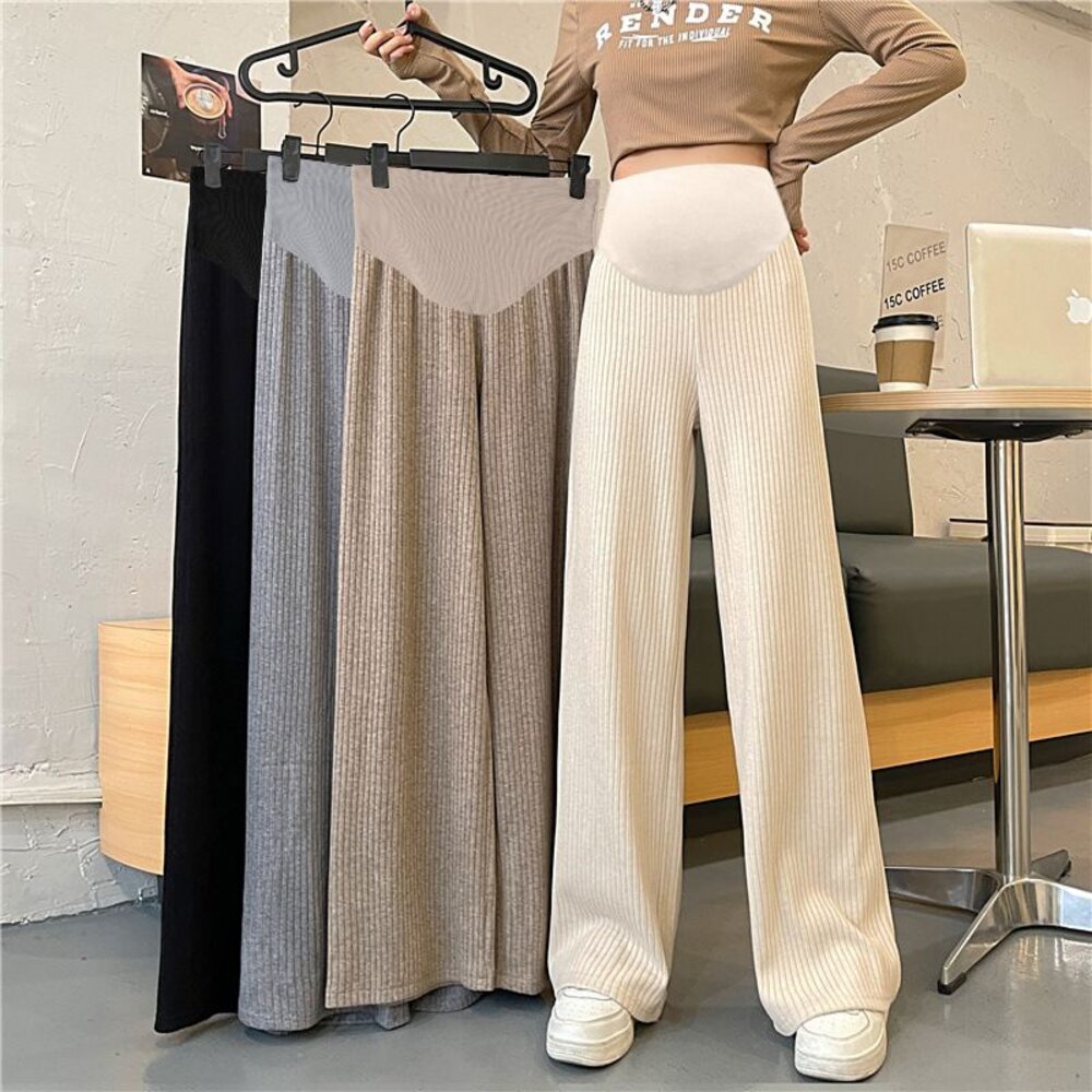 【P6100】 冬日 韓系 坑條 孕婦 寬褲 保暖 仿羊絨 孕婦長褲 孕婦褲 高腰 托腹褲 保暖褲-圖片-5