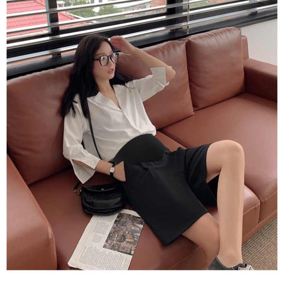 【P6172】 夏日 高腰 五分 直筒 寬鬆 五分褲 孕婦 西裝 短褲 韓系 實拍 高腰 孕婦短褲-圖片-8