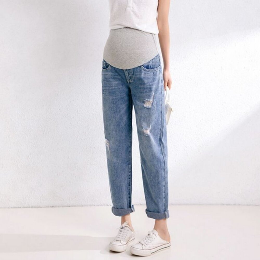 【P6222】 四季 牛仔 孕婦托腹褲 孕婦裝 孕婦長褲 直筒 寬鬆 長褲 男友褲 孕婦牛仔褲-圖片-1