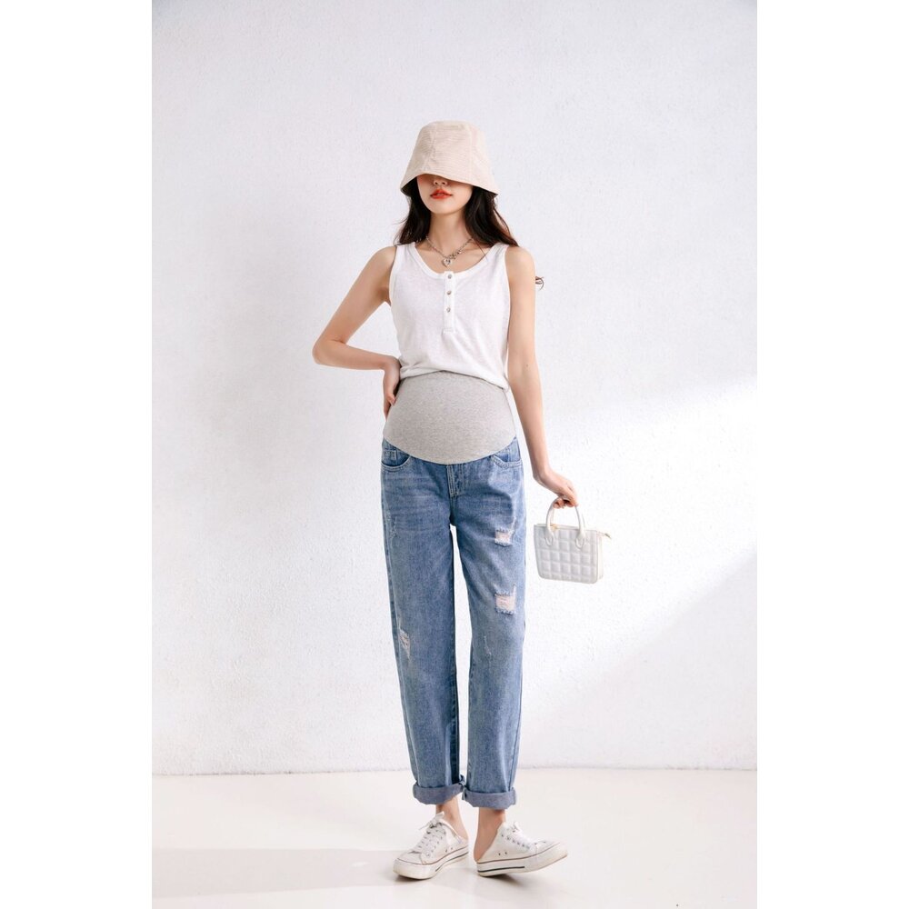 【P6222】 四季 牛仔 孕婦托腹褲 孕婦裝 孕婦長褲 直筒 寬鬆 長褲 男友褲 孕婦牛仔褲-圖片-2