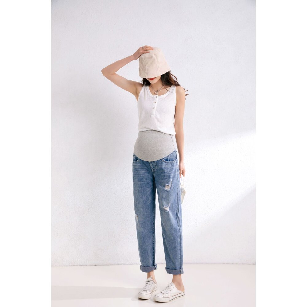 【P6222】 四季 牛仔 孕婦托腹褲 孕婦裝 孕婦長褲 直筒 寬鬆 長褲 男友褲 孕婦牛仔褲-圖片-4