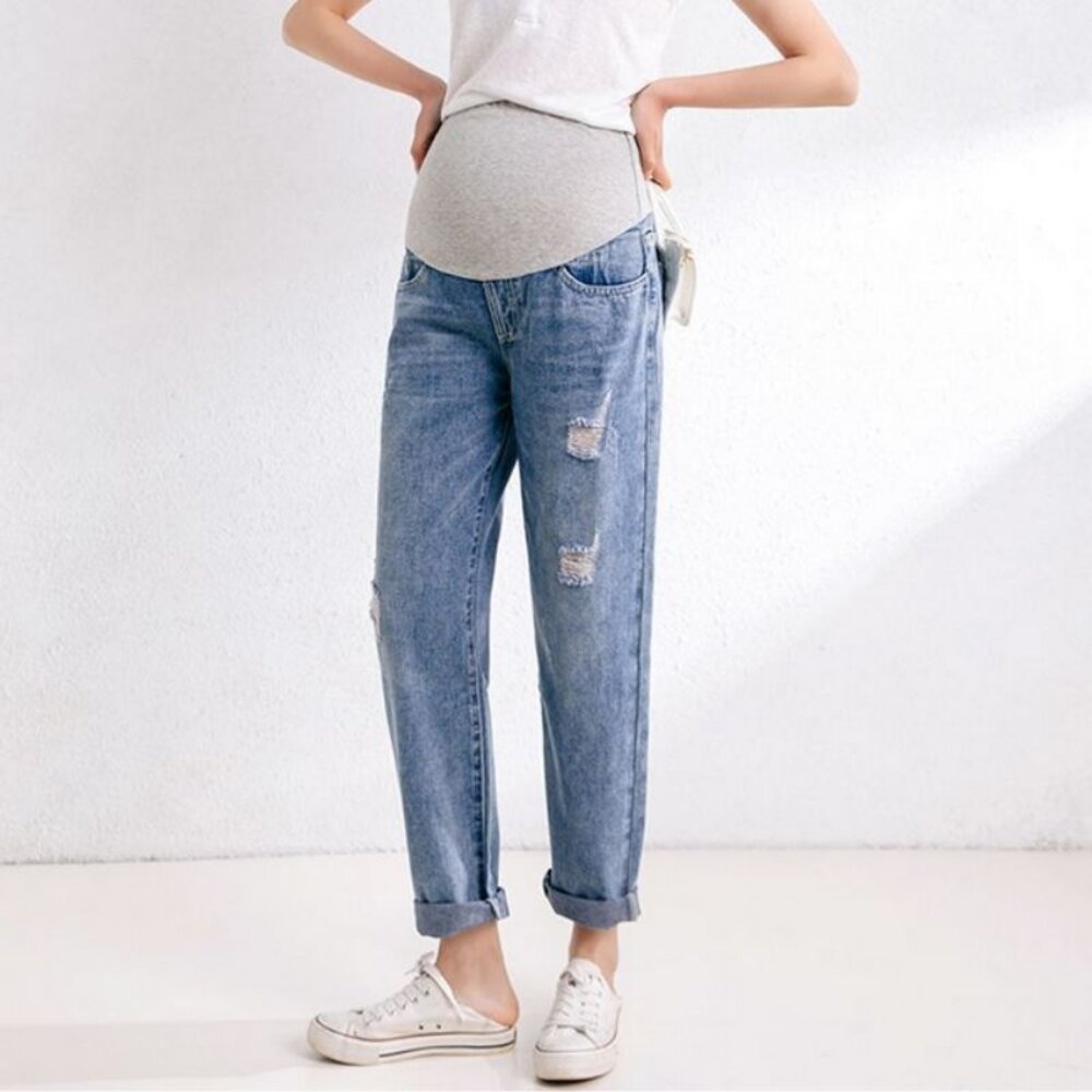 【P6222】 四季 牛仔 孕婦托腹褲 孕婦裝 孕婦長褲 直筒 寬鬆 長褲 男友褲 孕婦牛仔褲-圖片-6