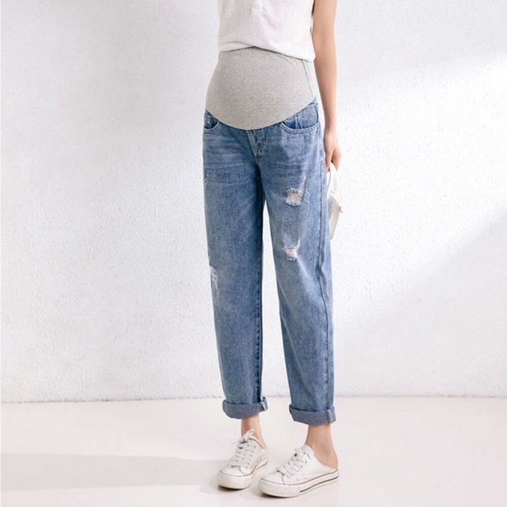 【P6222】 四季 牛仔 孕婦托腹褲 孕婦裝 孕婦長褲 直筒 寬鬆 長褲 男友褲 孕婦牛仔褲-圖片-7