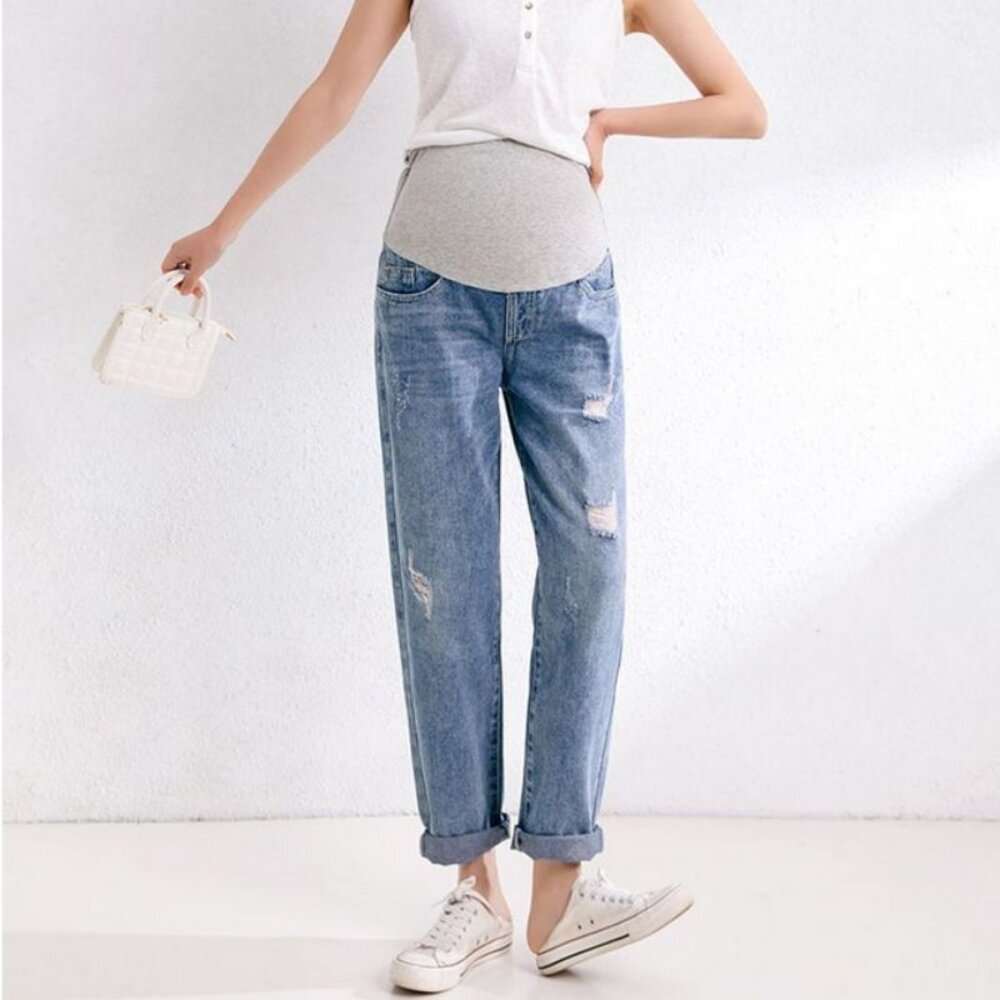 【P6222】 四季 牛仔 孕婦托腹褲 孕婦裝 孕婦長褲 直筒 寬鬆 長褲 男友褲 孕婦牛仔褲-圖片-8