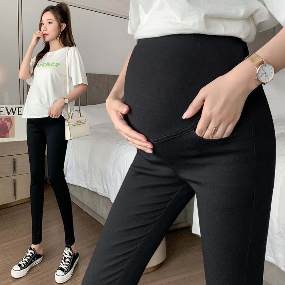 P7216-【P7216】 春秋 實拍 韓系 孕婦 高腰托腹褲 修身 鉛筆褲 可調節 腰圍 孕婦 九分褲 長褲
