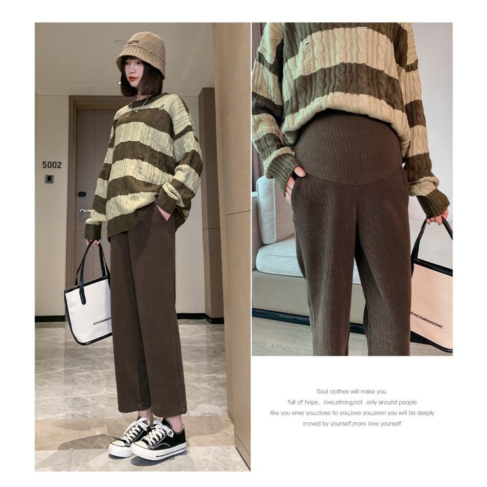 【P7306】秋冬 保暖燈芯絨 孕婦 老爺褲 高腰 九分褲 寬鬆 托腹褲 韓系 實拍-圖片-5