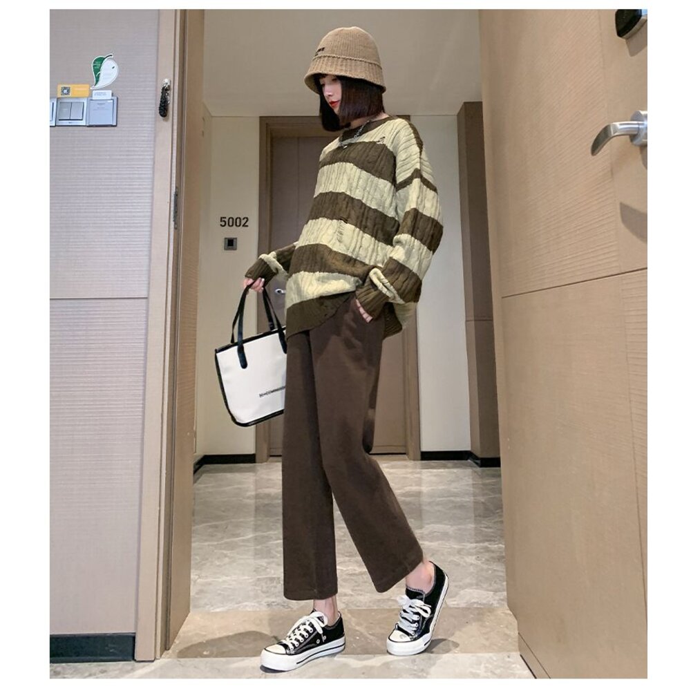 【P7306】秋冬 保暖燈芯絨 孕婦 老爺褲 高腰 九分褲 寬鬆 托腹褲 韓系 實拍-圖片-6