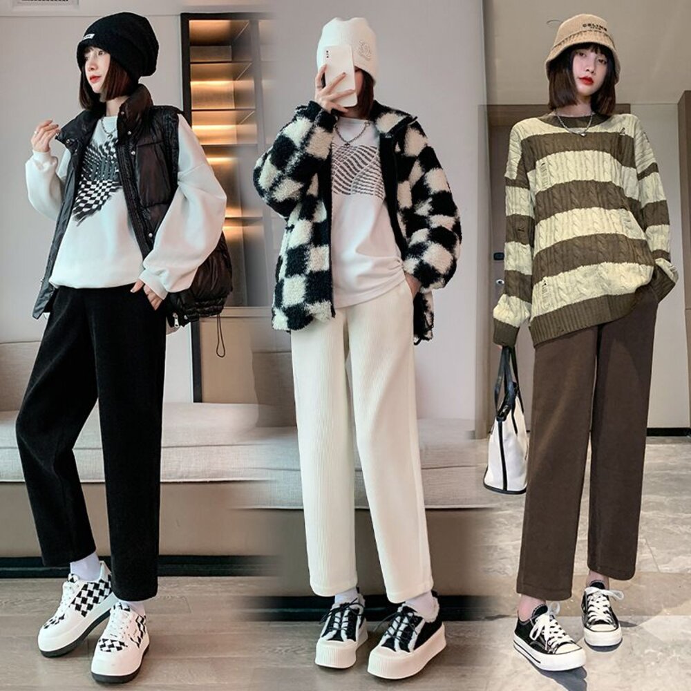 【P7307】秋冬 加厚 加絨 孕婦 老爺褲 高腰 九分褲 寬鬆 托腹褲 韓系 實拍-圖片-1