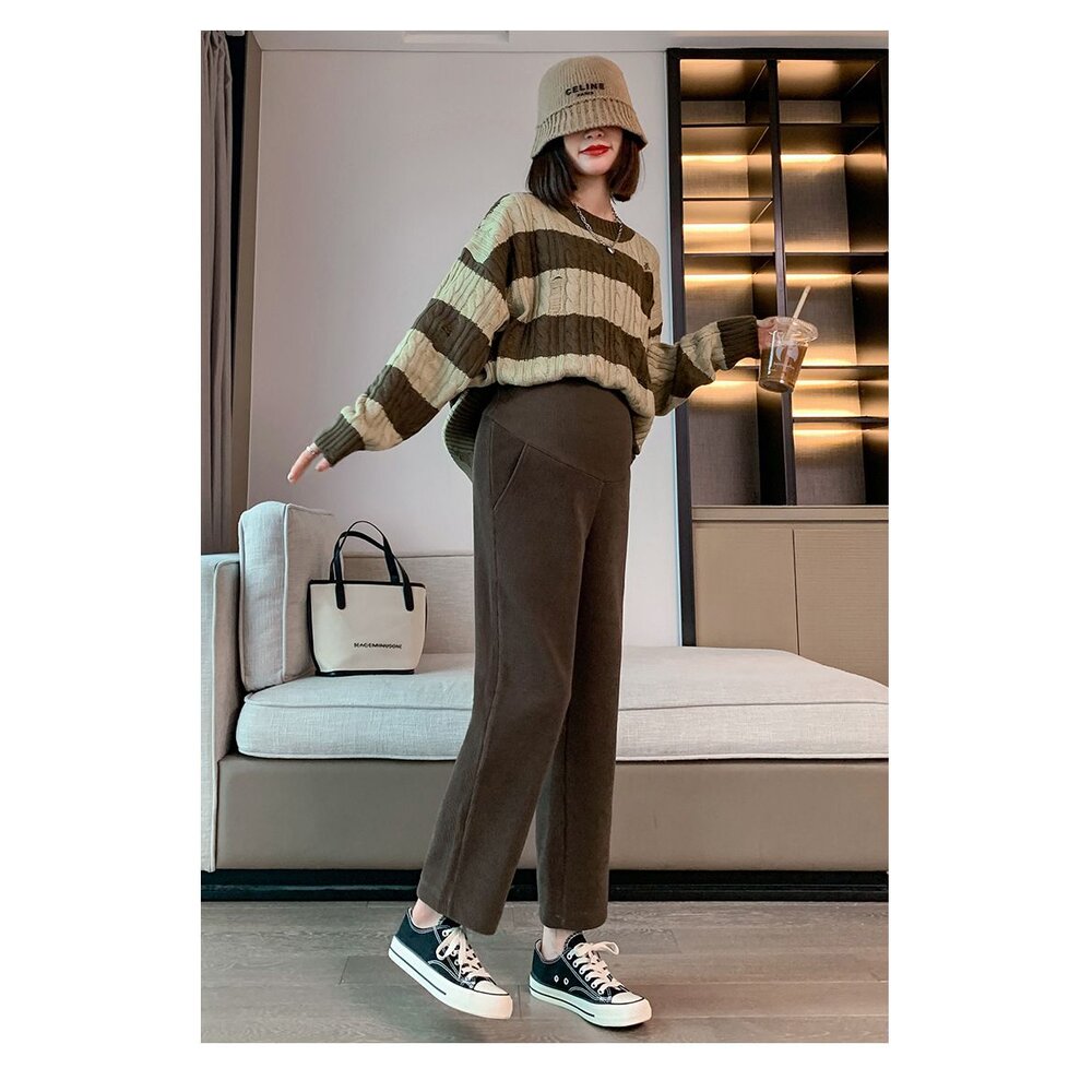 【P7307】秋冬 加厚 加絨 孕婦 老爺褲 高腰 九分褲 寬鬆 托腹褲 韓系 實拍-圖片-6