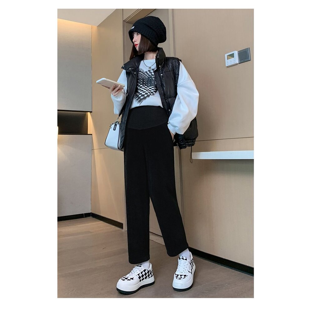 【P7307】秋冬 加厚 加絨 孕婦 老爺褲 高腰 九分褲 寬鬆 托腹褲 韓系 實拍-圖片-7