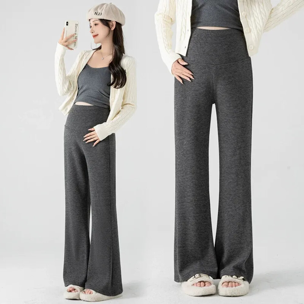 【P7375】 秋意 舒柔 親膚 喇叭褲 高腰 無感托腹 寬褲 托腹褲 孕婦 實拍-圖片-1