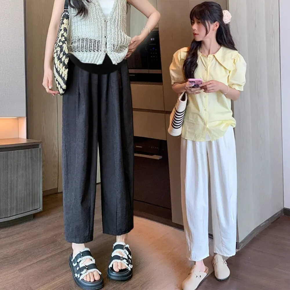 【P7581】 錐型褲 夏季 八分 外穿 薄款 寬褲 高腰托腹 腰圍調節 孕婦褲 寬鬆 孕婦裝-圖片-3