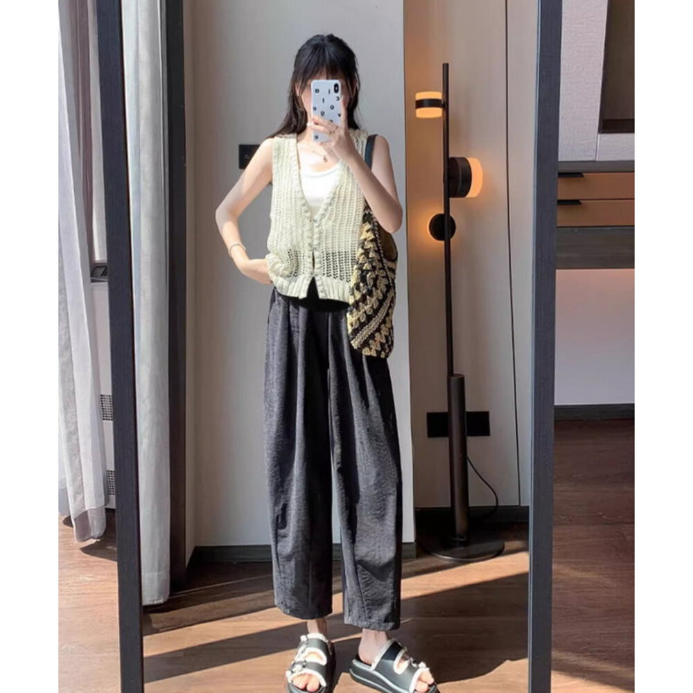 【P7581】 錐型褲 夏季 八分 外穿 薄款 寬褲 高腰托腹 腰圍調節 孕婦褲 寬鬆 孕婦裝-圖片-7