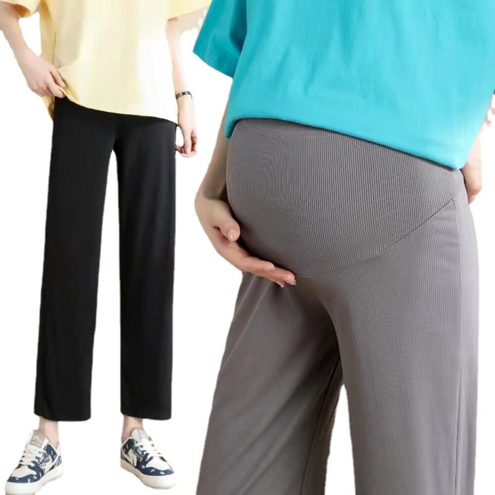 【P8221】夏日 薄款 孕婦 冰絲 寬褲 寬鬆 高腰 托腹褲 托腹寬褲 韓系 實拍 垂感 直筒褲 運動褲 防蚊褲-圖片-1