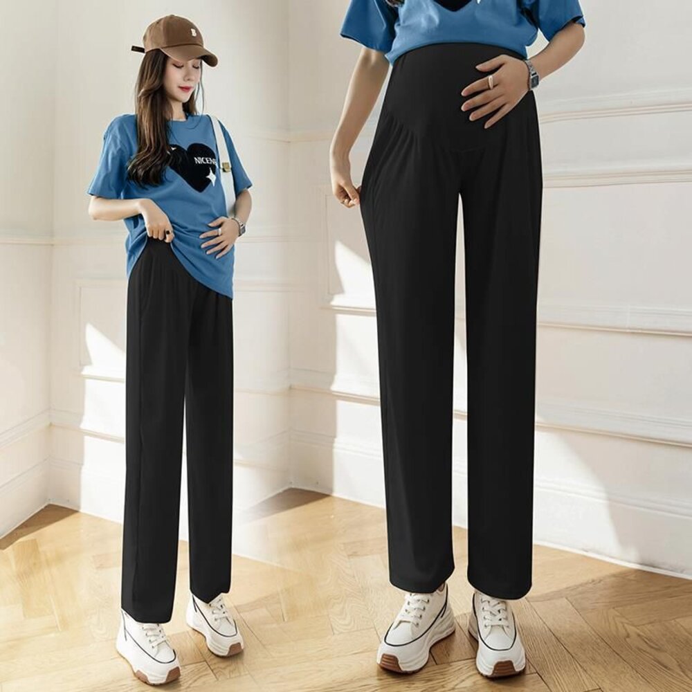 【P8221】夏日 薄款 孕婦 冰絲 寬褲 寬鬆 高腰 托腹褲 托腹寬褲 韓系 實拍 垂感 直筒褲 運動褲 防蚊褲-圖片-2