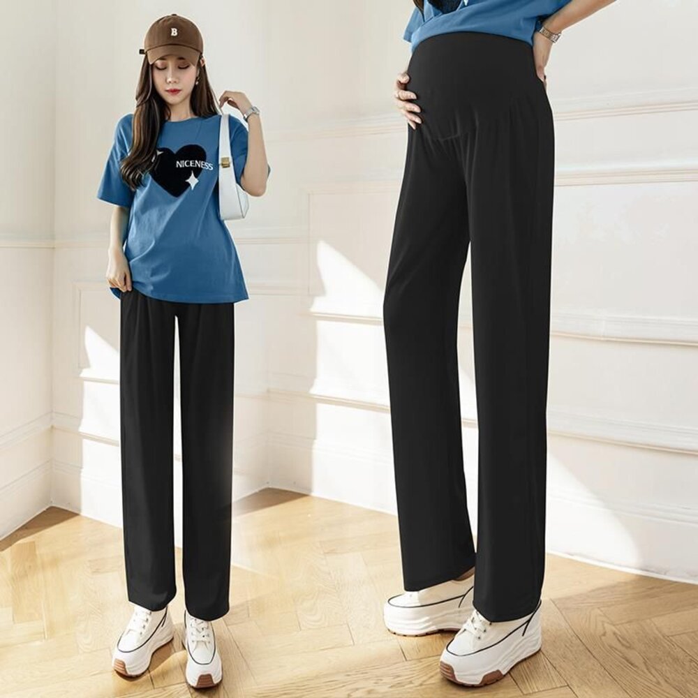 【P8221】夏日 薄款 孕婦 冰絲 寬褲 寬鬆 高腰 托腹褲 托腹寬褲 韓系 實拍 垂感 直筒褲 運動褲 防蚊褲-圖片-4