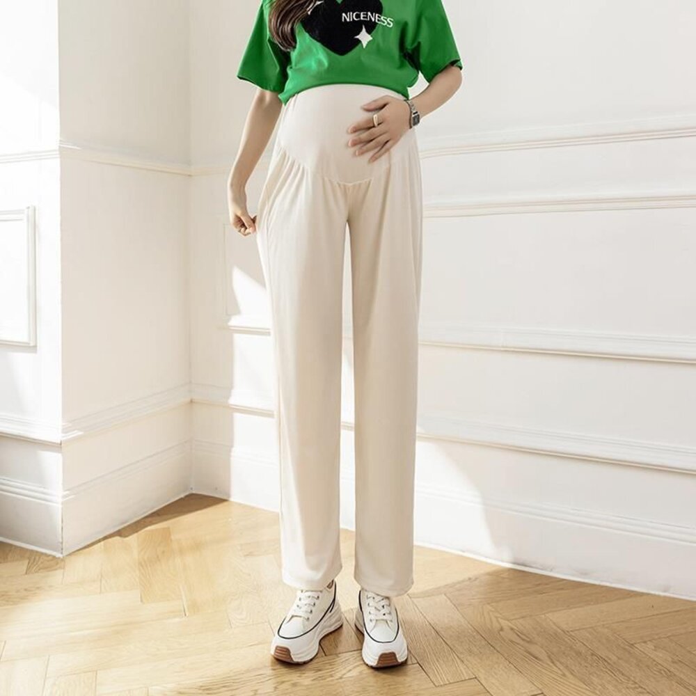 【P8221】夏日 薄款 孕婦 冰絲 寬褲 寬鬆 高腰 托腹褲 托腹寬褲 韓系 實拍 垂感 直筒褲 運動褲 防蚊褲-圖片-6