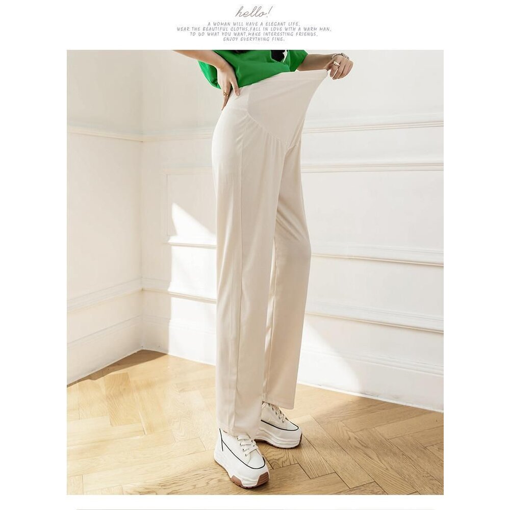 【P8221】夏日 薄款 孕婦 冰絲 寬褲 寬鬆 高腰 托腹褲 托腹寬褲 韓系 實拍 垂感 直筒褲 運動褲 防蚊褲-圖片-7