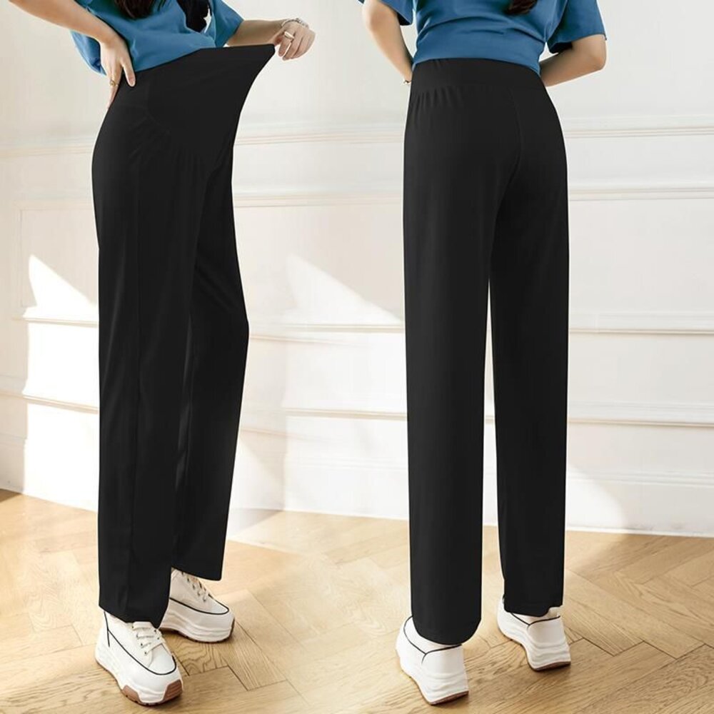 【P8221】夏日 薄款 孕婦 冰絲 寬褲 寬鬆 高腰 托腹褲 托腹寬褲 韓系 實拍 垂感 直筒褲 運動褲 防蚊褲-圖片-8