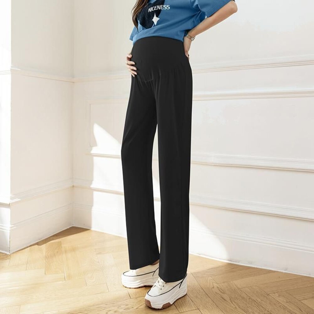 【P8221】夏日 薄款 孕婦 冰絲 寬褲 寬鬆 高腰 托腹褲 托腹寬褲 韓系 實拍 垂感 直筒褲 運動褲 防蚊褲-圖片-9