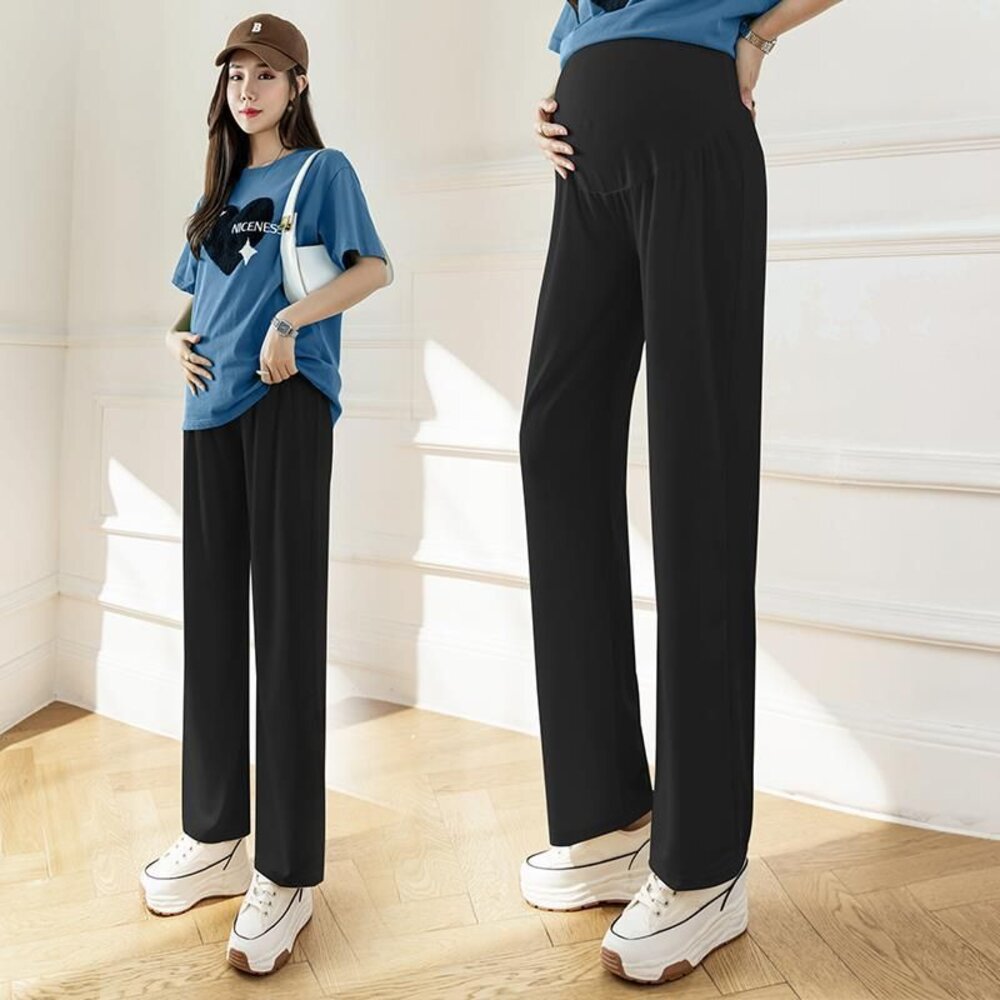 【P8221】夏日 薄款 孕婦 冰絲 寬褲 寬鬆 高腰 托腹褲 托腹寬褲 韓系 實拍 垂感 直筒褲 運動褲 防蚊褲 封面照片