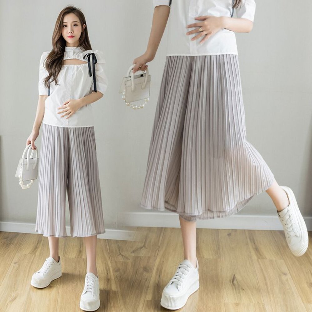 【P8341】夏日 孕婦 百褶 雪紡 褲裙 寬褲 春夏 高腰 寬鬆 托腹褲 韓系 實拍-圖片-1