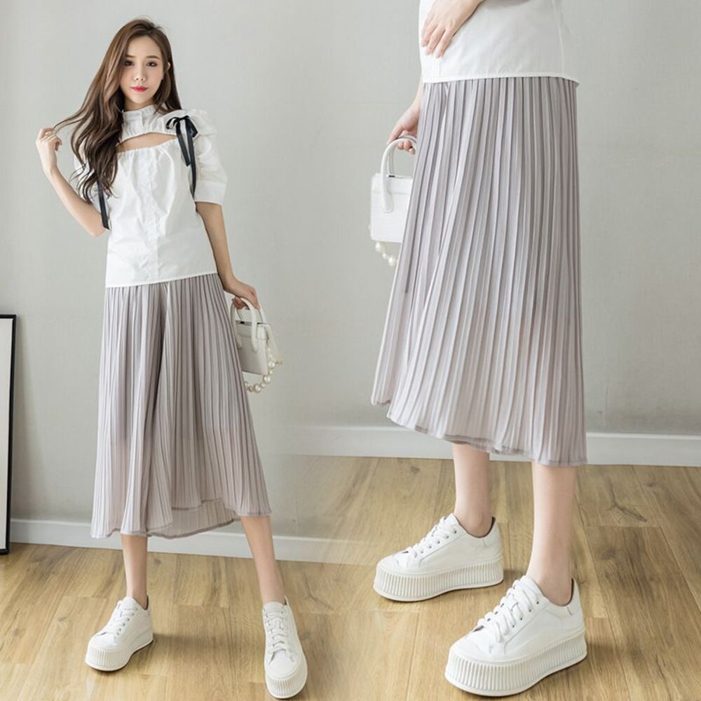 【P8341】夏日 孕婦 百褶 雪紡 褲裙 寬褲 春夏 高腰 寬鬆 托腹褲 韓系 實拍-圖片-2