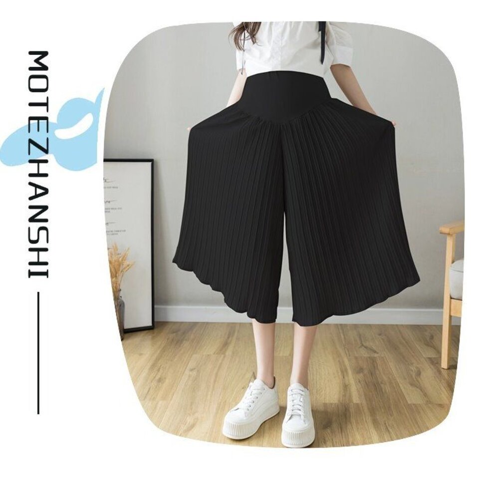 【P8341】夏日 孕婦 百褶 雪紡 褲裙 寬褲 春夏 高腰 寬鬆 托腹褲 韓系 實拍-圖片-4