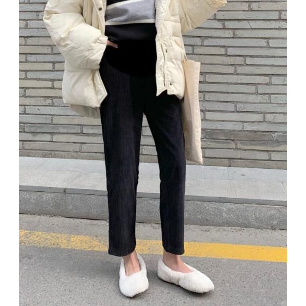 【P8528】秋冬 孕婦 顯瘦 保暖 絨布 坑條 春秋款 高腰 托腹 孕婦褲 寬鬆 哈倫褲 韓系 實拍-圖片-2