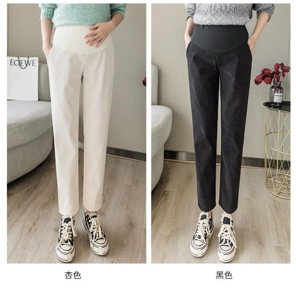 【P8528】秋冬 孕婦 顯瘦 保暖 絨布 坑條 春秋款 高腰 托腹 孕婦褲 寬鬆 哈倫褲 韓系 實拍-圖片-3