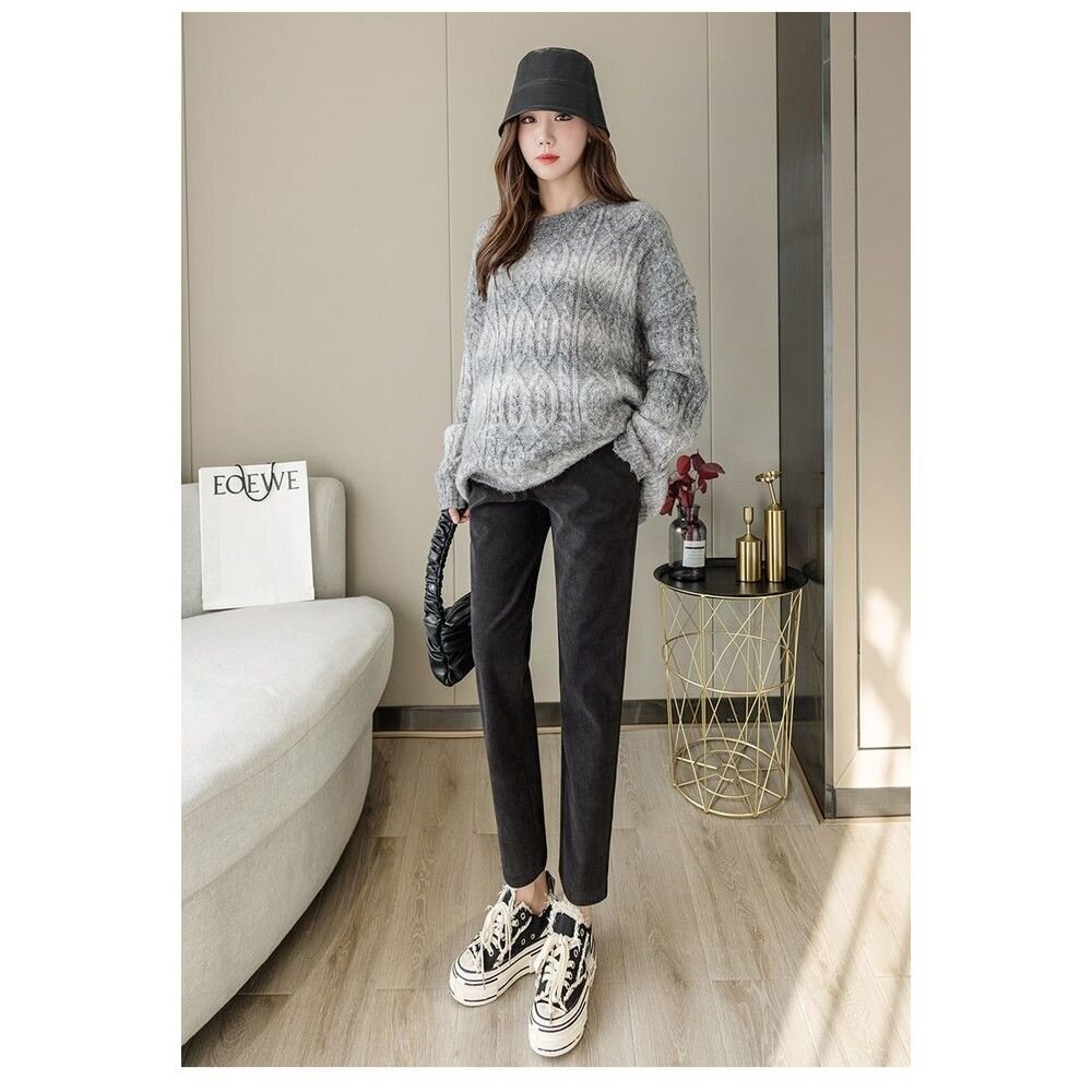 【P8528】秋冬 孕婦 顯瘦 保暖 絨布 坑條 春秋款 高腰 托腹 孕婦褲 寬鬆 哈倫褲 韓系 實拍-圖片-6