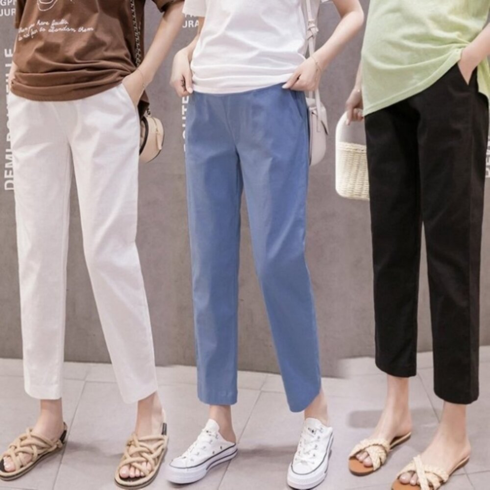 【P9002】春夏棉麻孕婦褲孕婦裝孕婦托腹褲純色九分褲哈倫褲老爺褲