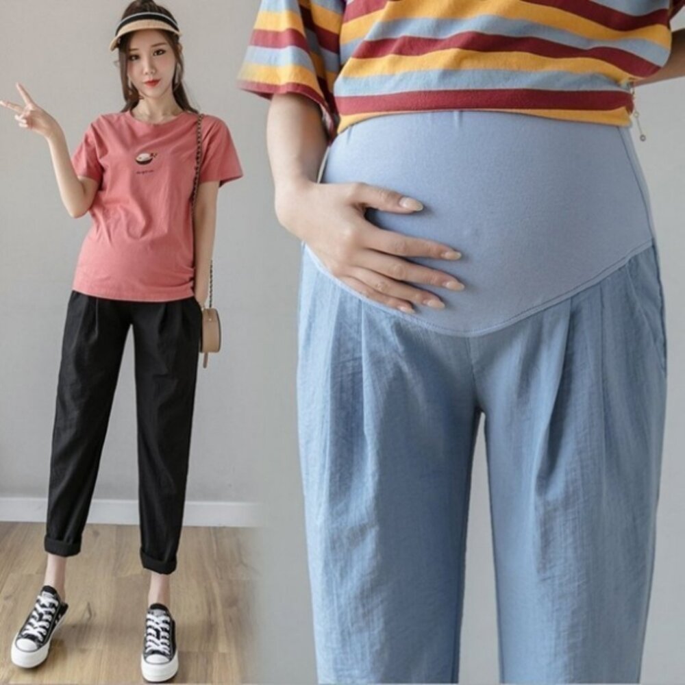 【P9004】 春夏 棉麻 托腹褲 純色 哈倫褲 M-XXL 孕婦 高腰 托腹褲 九分褲-圖片-1