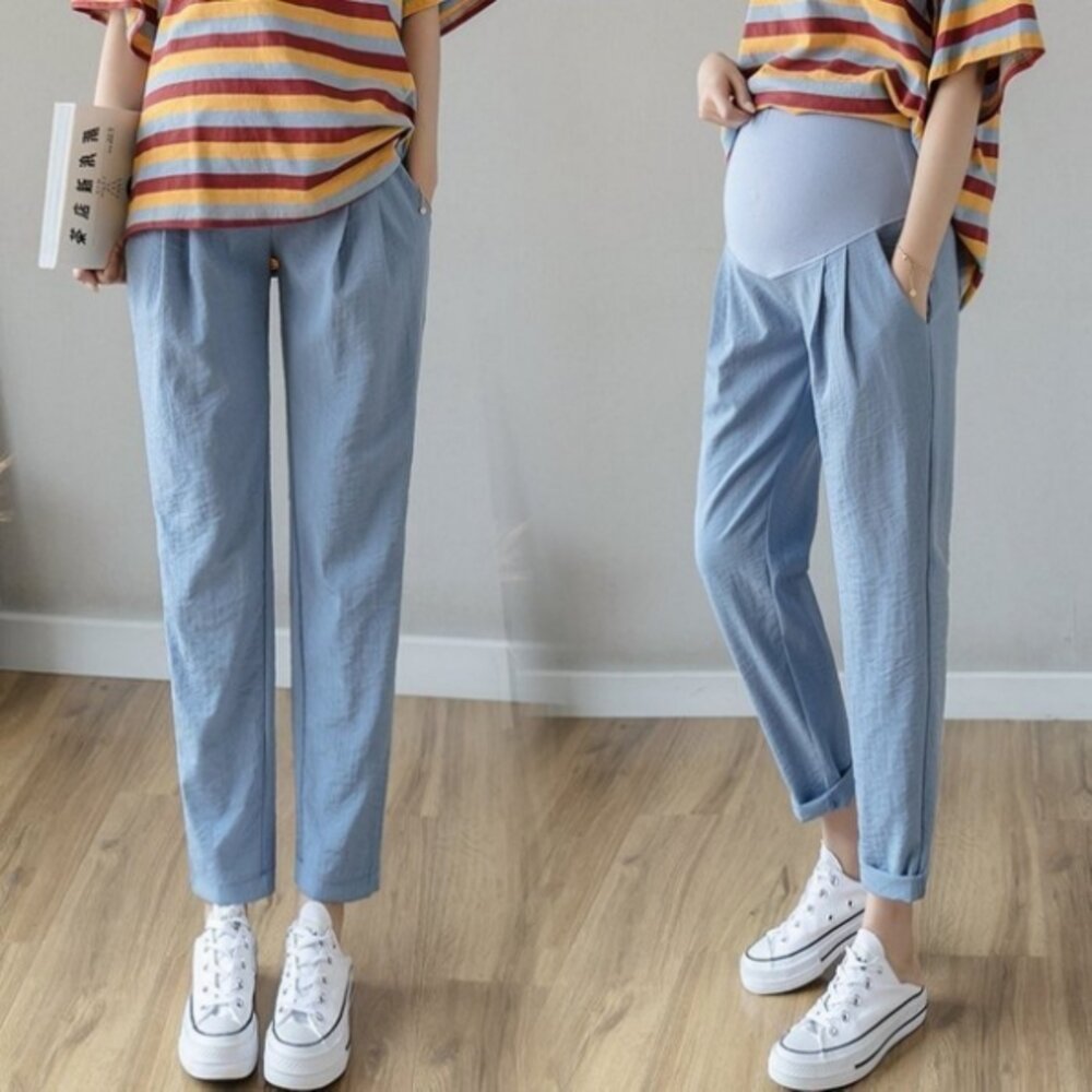 【P9004】 春夏 棉麻 托腹褲 純色 哈倫褲 M-XXL 孕婦 高腰 托腹褲 九分褲-圖片-4