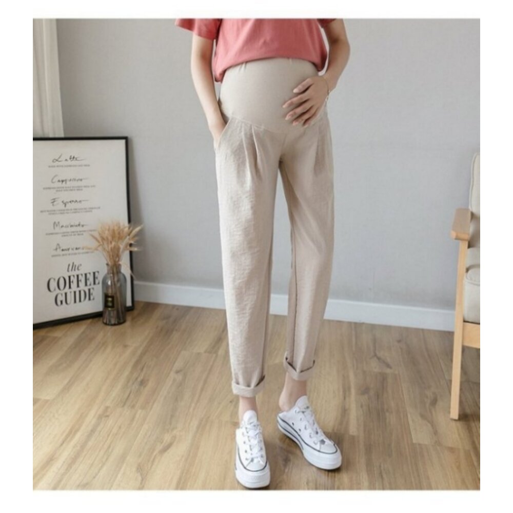 【P9004】 春夏 棉麻 托腹褲 純色 哈倫褲 M-XXL 孕婦 高腰 托腹褲 九分褲-圖片-6